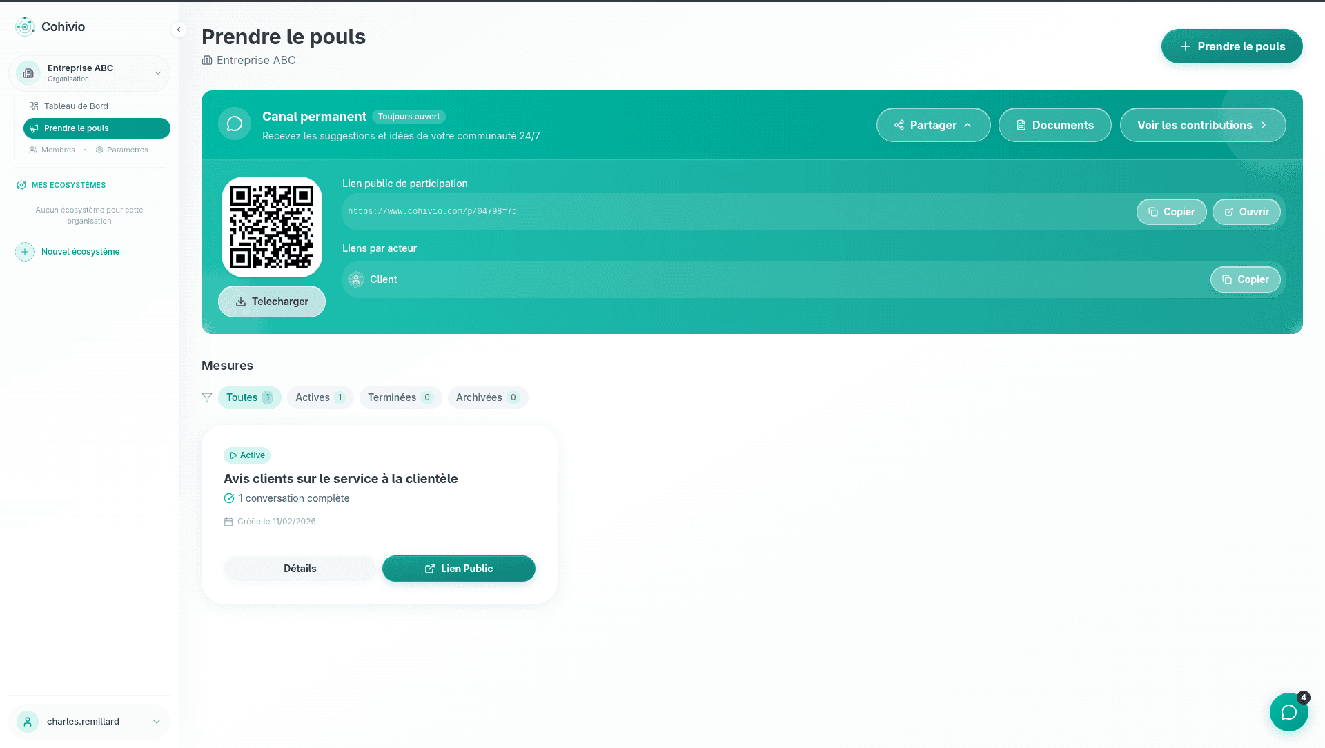 Dashboard avec le canal permanent Fil ouvert
