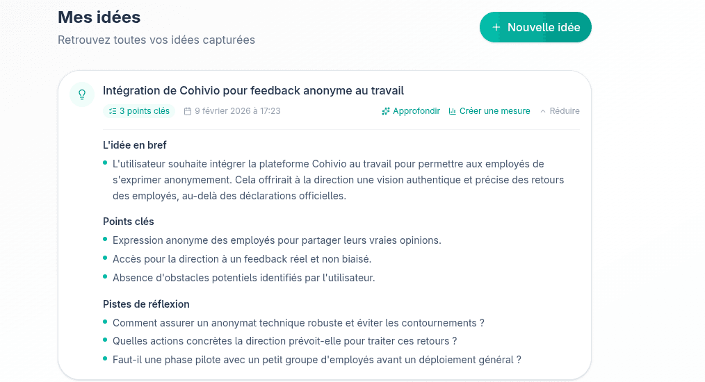Détail d'une idée avec points clés et pistes de réflexion